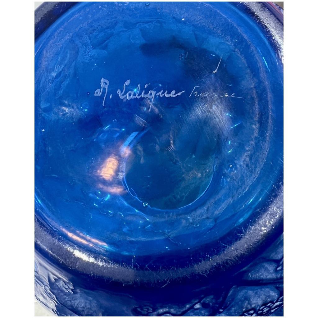1919 René Lalique – Vase Perruches Verre Bleu Electrique Patiné Blanc 11