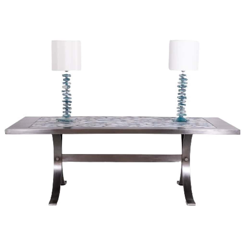 Dining room table in polished metal and ceramic. 1970s. 7