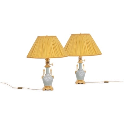 Pair of Celadon porcelain and gilded bronze lamps. Circa 1880.