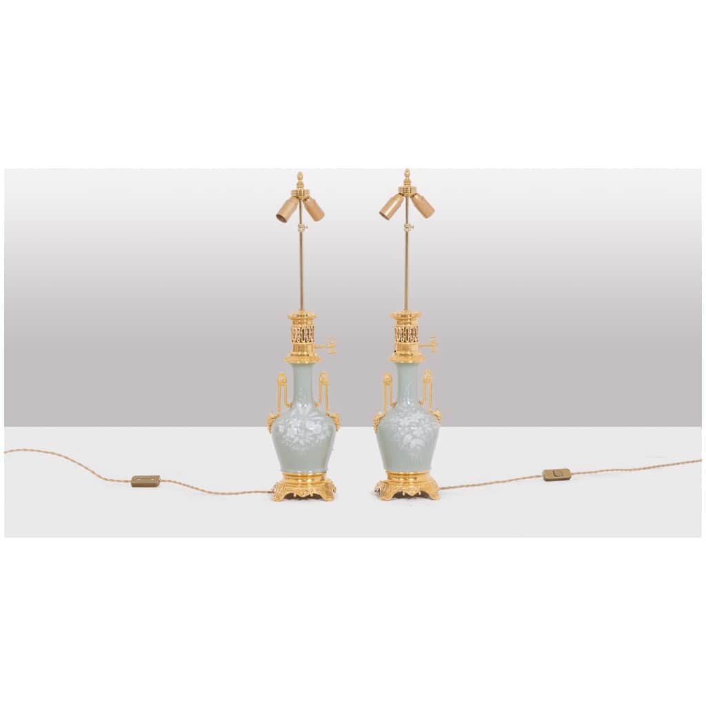 Pair of Celadon porcelain and gilded bronze lamps. Circa 1880. 4