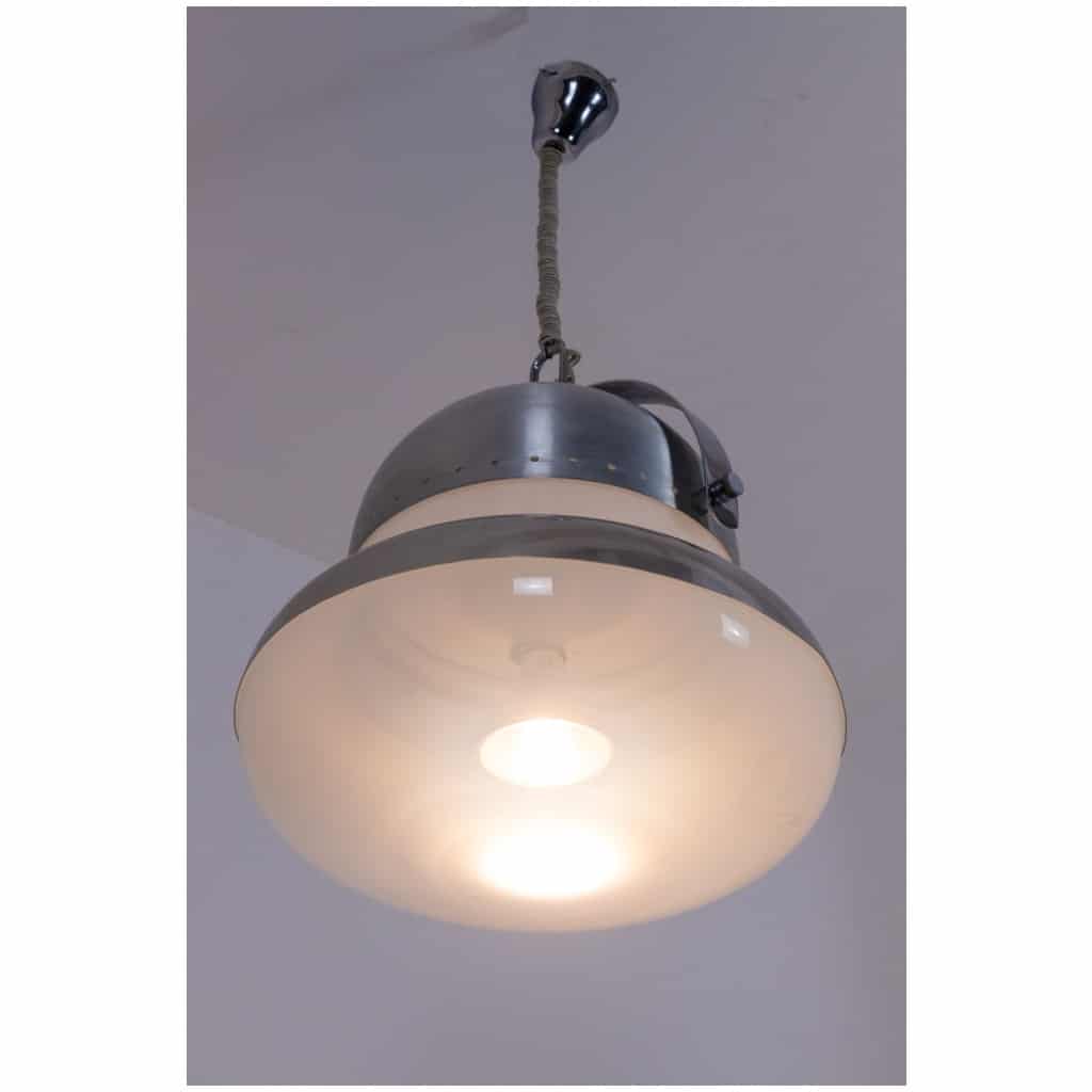 Industrial style pendant light in brushed and opaline metal. 1970s. 4