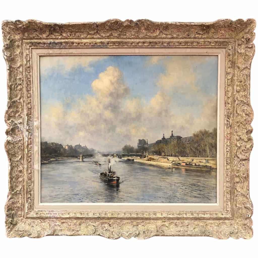 VOLLON Alexis Painting Early 20th Paris Tugboat On The Seine Oil Signed Certificate 4