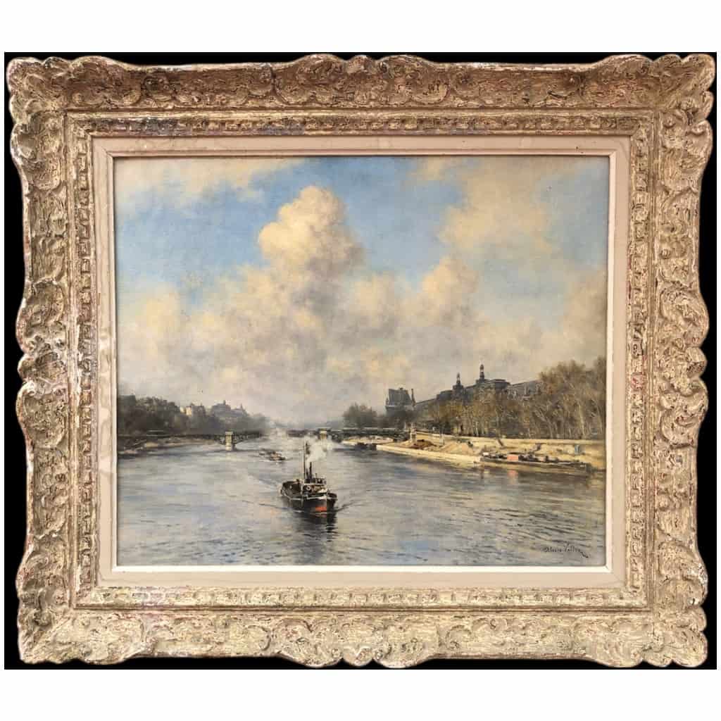 VOLLON Alexis Painting Early 20th Paris Tugboat On The Seine Oil Signed Certificate 3