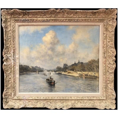 VOLLON Alexis Painting Early 20th Paris Tugboat On The Seine Oil Signed Certificate