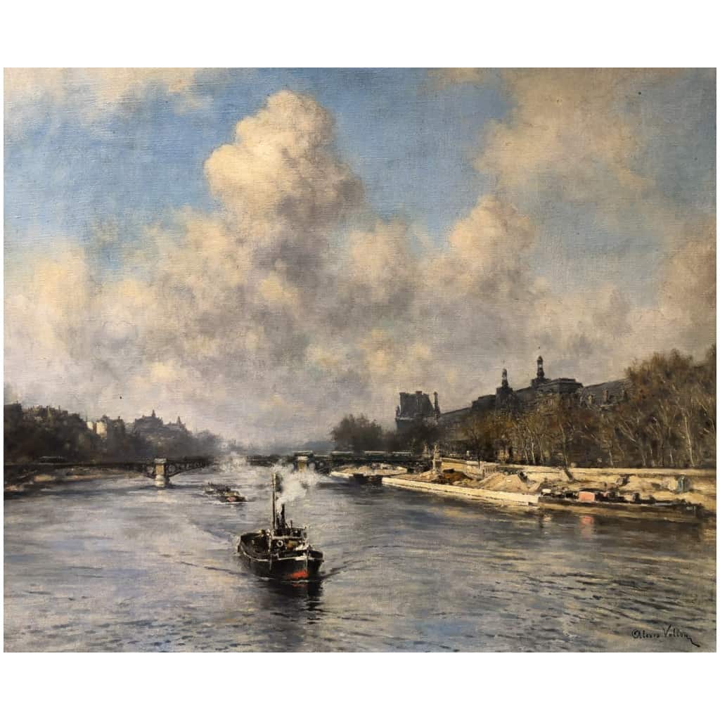 VOLLON Alexis Tableau Debut 20è Paris Remorqueur Sur La Seine Huile Signee Certificat 6