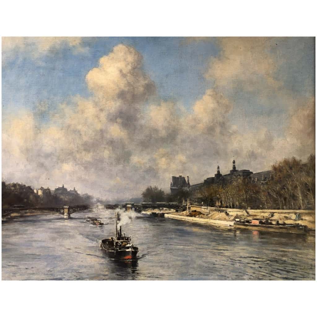 VOLLON Alexis Painting Early 20th Paris Tugboat On The Seine Oil Signed Certificate 13