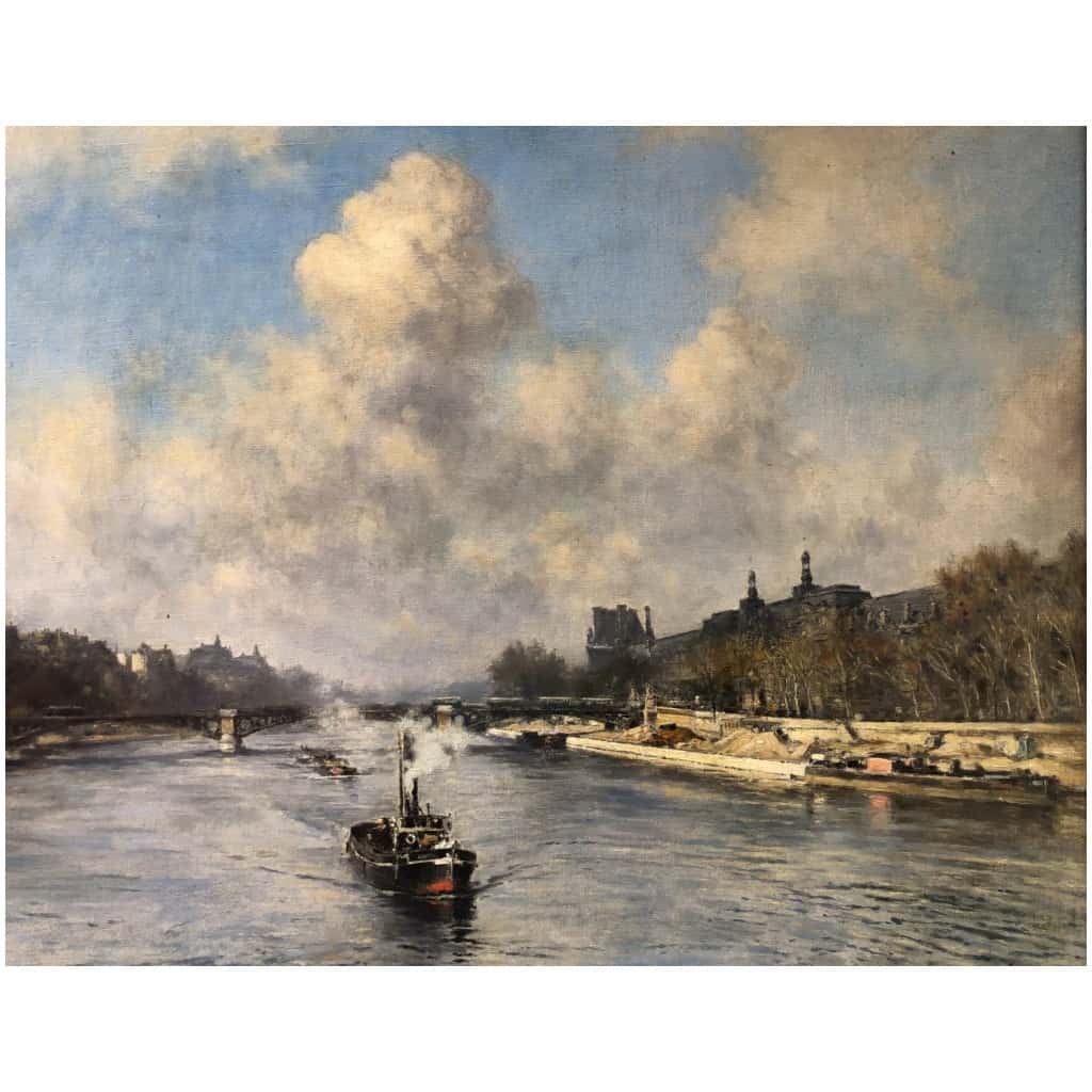 VOLLON Alexis Tableau Debut 20è Paris Remorqueur Sur La Seine Huile Signee Certificat 13