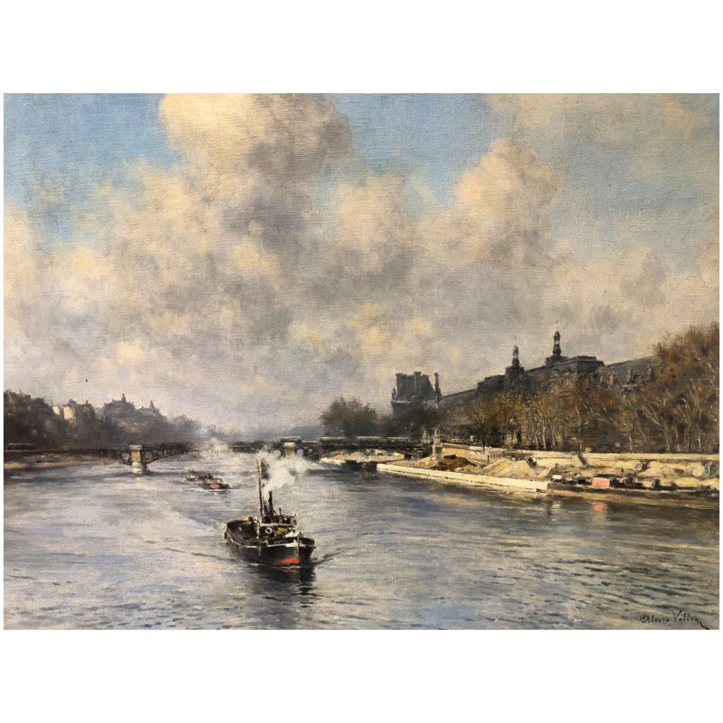VOLLON Alexis Painting Early 20th Paris Tugboat On The Seine Oil Signed Certificate 12