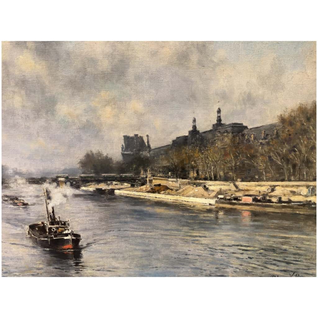 VOLLON Alexis Painting Early 20th Paris Tugboat On The Seine Oil Signed Certificate 10