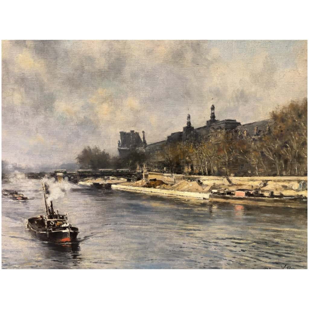 VOLLON Alexis Tableau Debut 20è Paris Remorqueur Sur La Seine Huile Signee Certificat 10