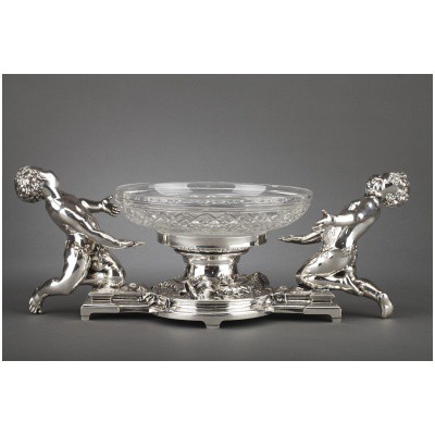 GOLDSMITH CHRISTOFLE – SILVERED BRONZE CENTERPIECE AND CRYSTAL CUT XIXE