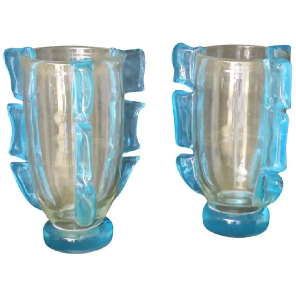 Pair of large gold and turquoise blue Murano glass vases by Costantini 3