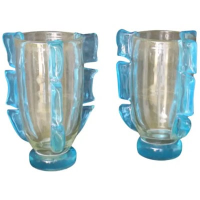 Paire de grands vases en verre de Murano doré et bleu turquoise par Costantini 3