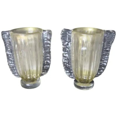 Pair of large gold-colored and crystal Murano glass vases by Costantini