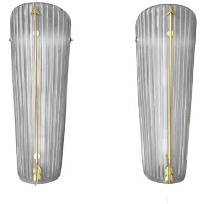Pair of large white glass sconces from the middle of the last century, PETITOT 3 style wall lamps