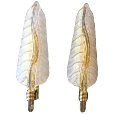 Pair of white and gold Murano glass wall lights, in the shape of leaves