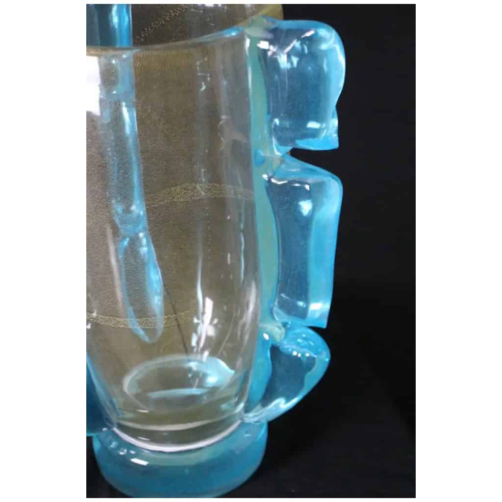 Paire de grands vases en verre de Murano doré et bleu turquoise par Costantini 12