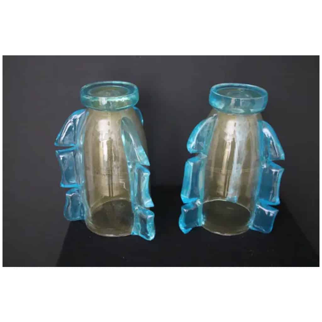 Pair of large gold and turquoise blue Murano glass vases by Costantini 14