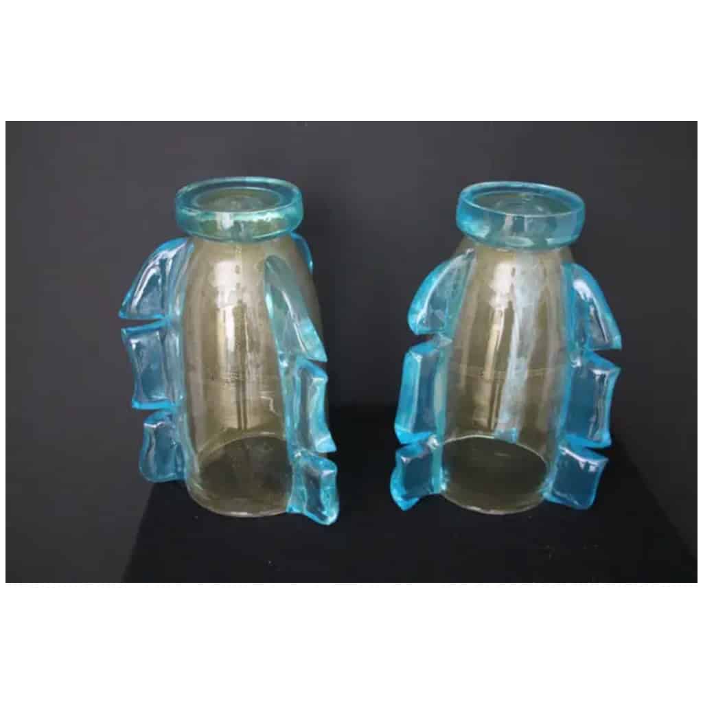 Paire de grands vases en verre de Murano doré et bleu turquoise par Costantini 14