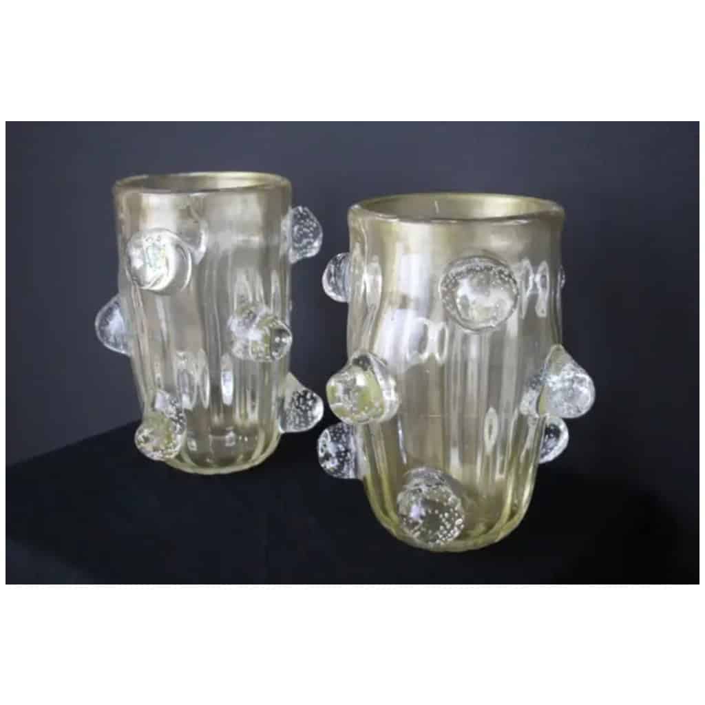 Pair of large gilded Murano glass vases decorated with bubbled balls by Costantini 14