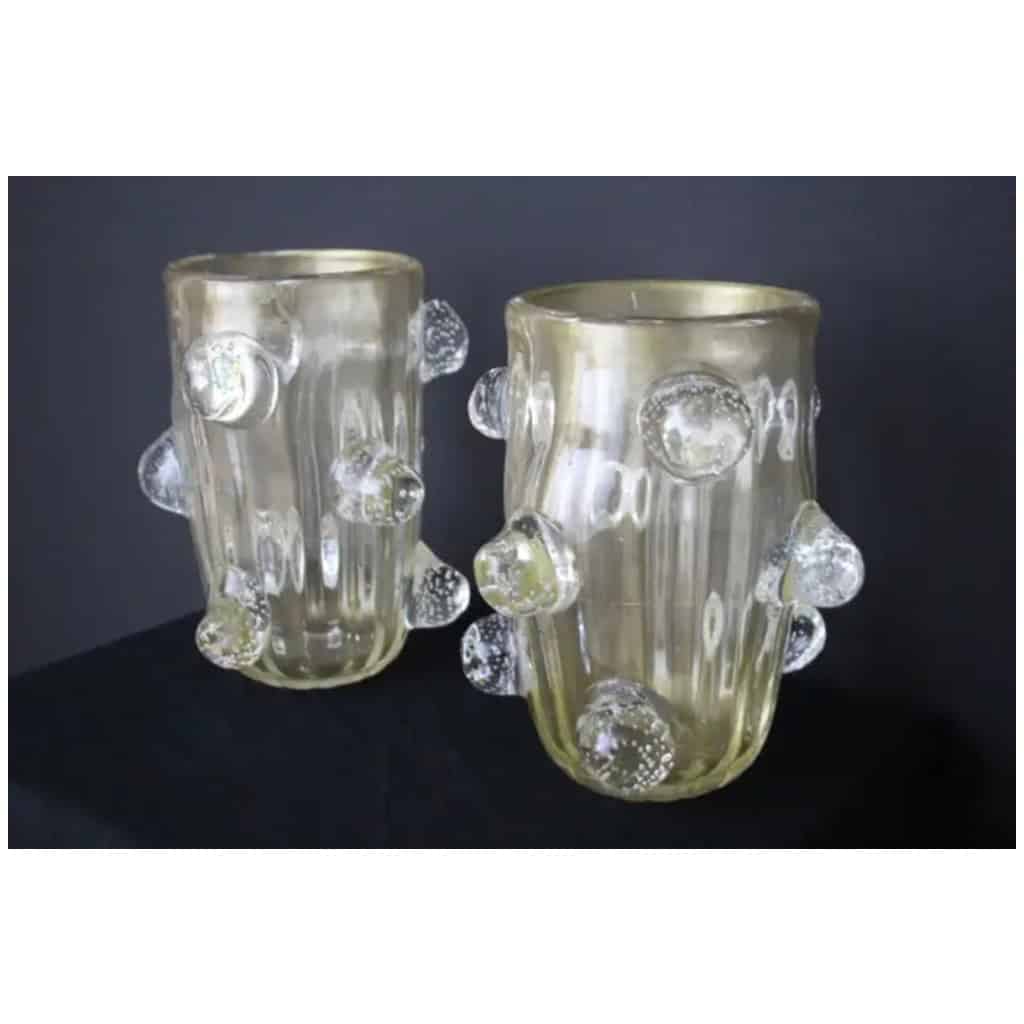 Paire de grands vases en verre de Murano doré décorés de boules bullées par Costantini 14