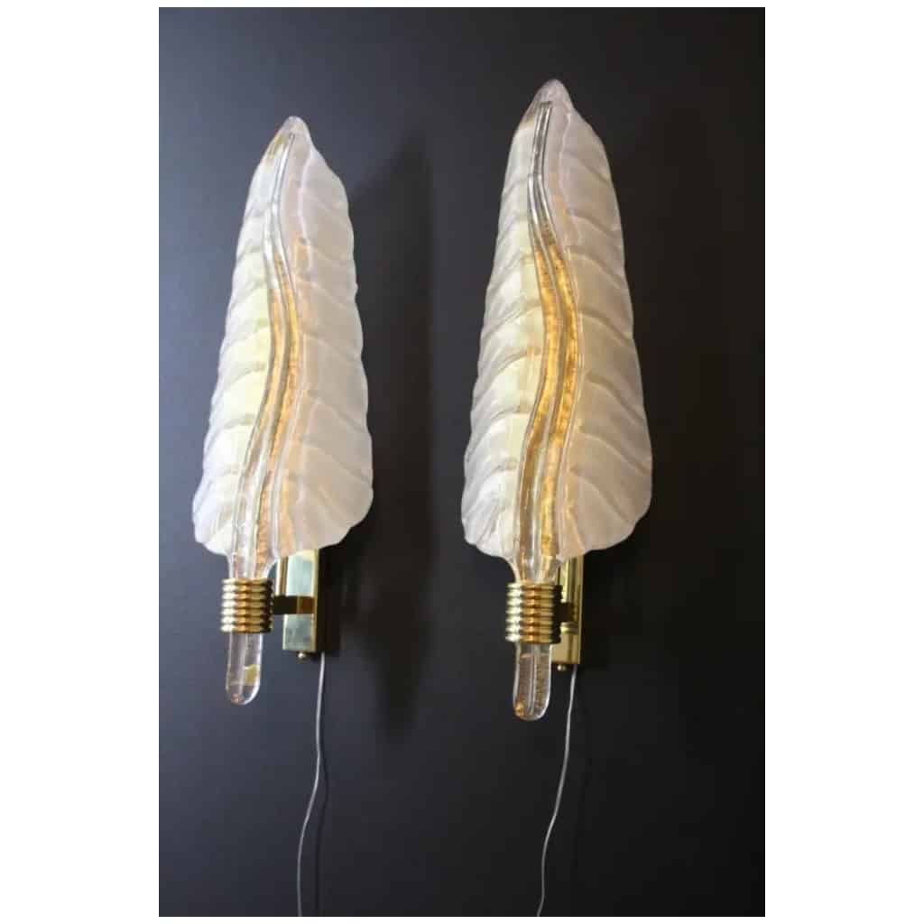 Pair of white and gold Murano glass sconces, in the shape of leaves 17
