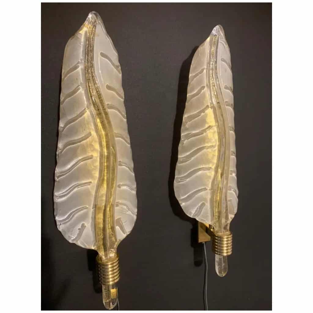 Pair of white and gold Murano glass sconces, in the shape of leaves 20