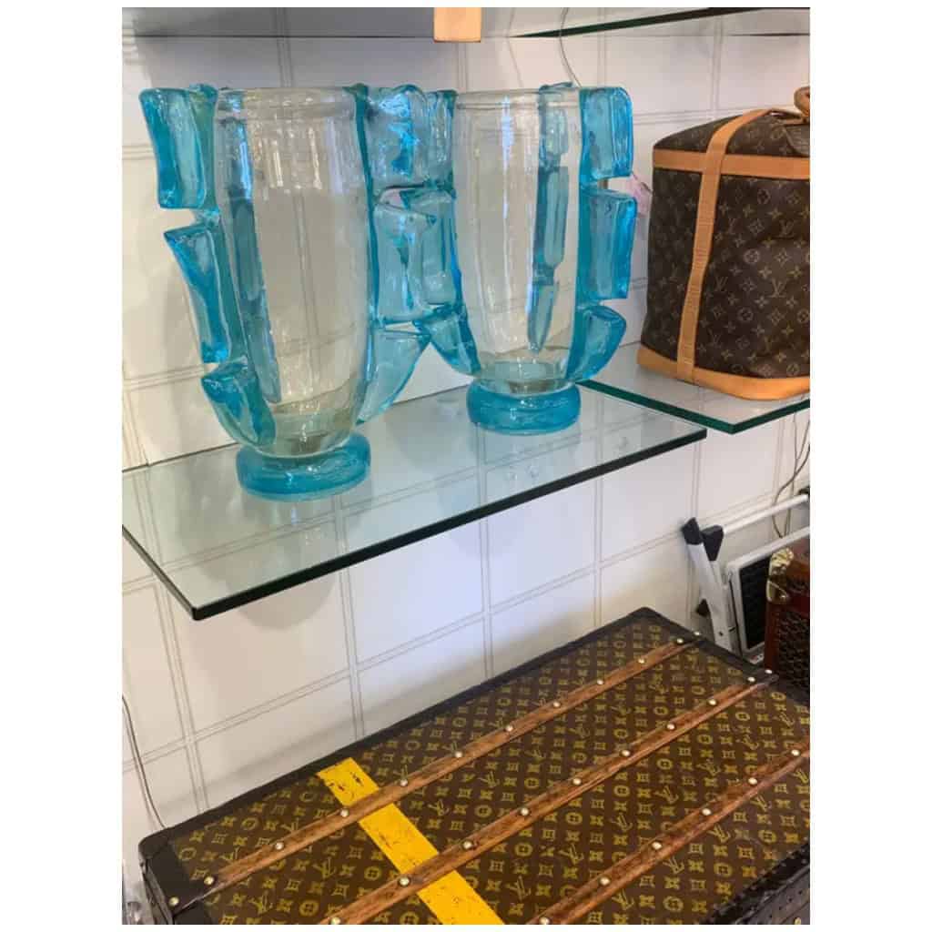 Paire de grands vases en verre de Murano doré et bleu turquoise par Costantini 20