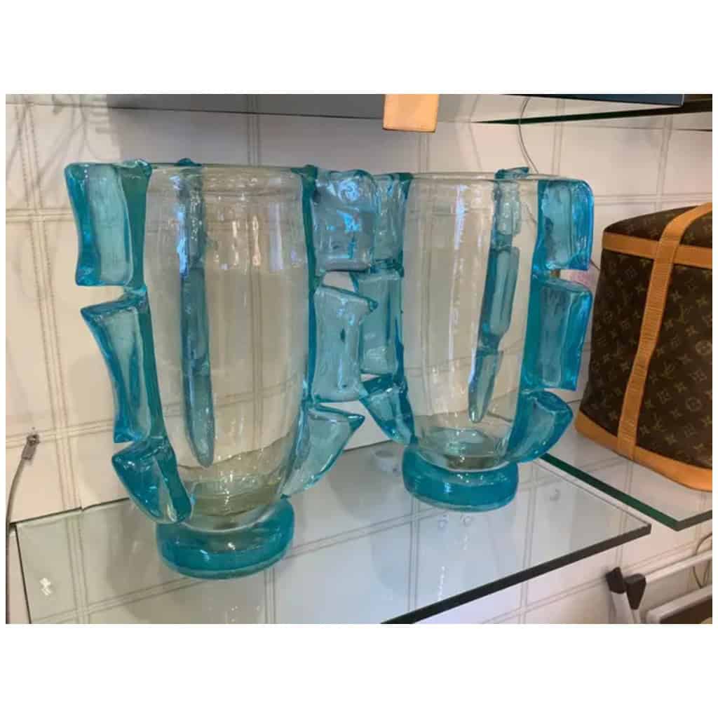 Paire de grands vases en verre de Murano doré et bleu turquoise par Costantini 21