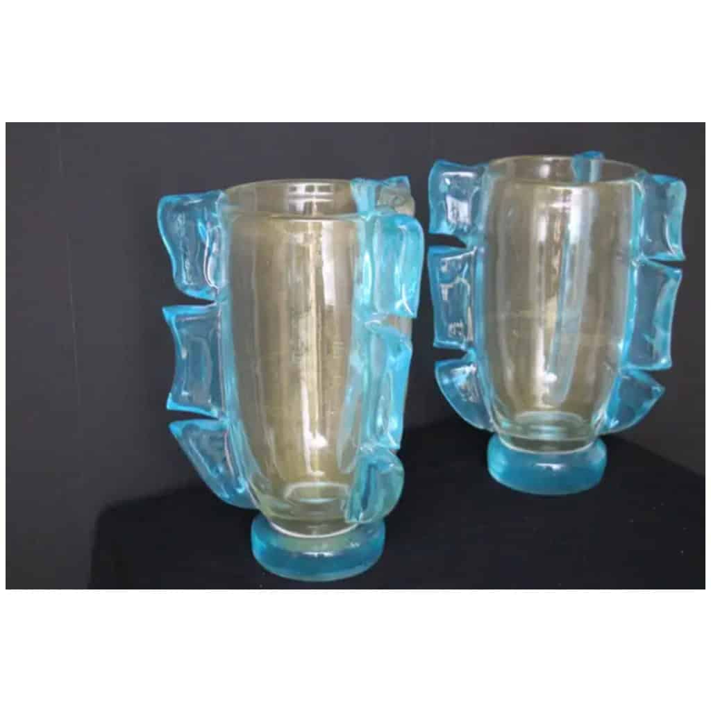Paire de grands vases en verre de Murano doré et bleu turquoise par Costantini 4