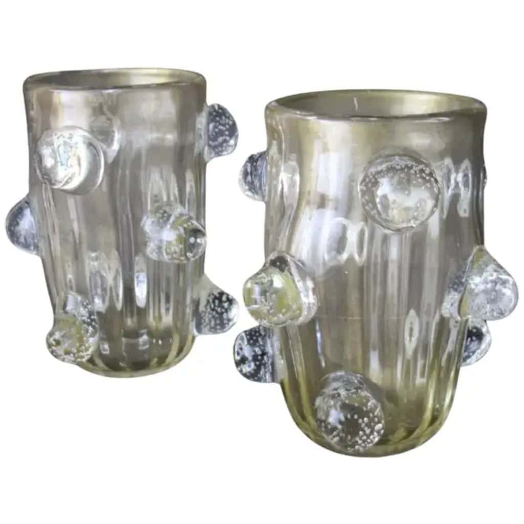 Paire de grands vases en verre de Murano doré décorés de boules bullées par Costantini 4