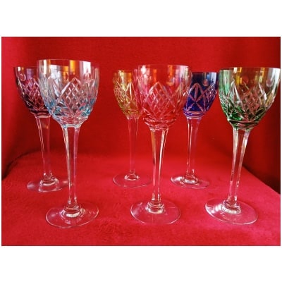 Set of 6 large colored glasses Roemer crystalworks of Lorraine