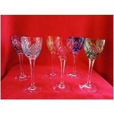 Set of 6 large colored glasses Roemer crystalworks of Lorraine