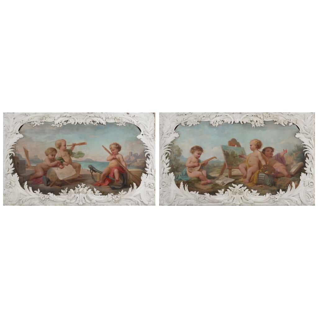 Pair of door tops representing allegories. Circa 1880. 3