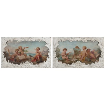 Pair of door tops representing allegories. Circa 1880. 3