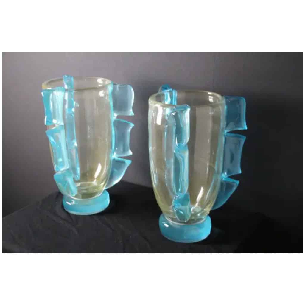 Paire de grands vases en verre de Murano doré et bleu turquoise par Costantini 5