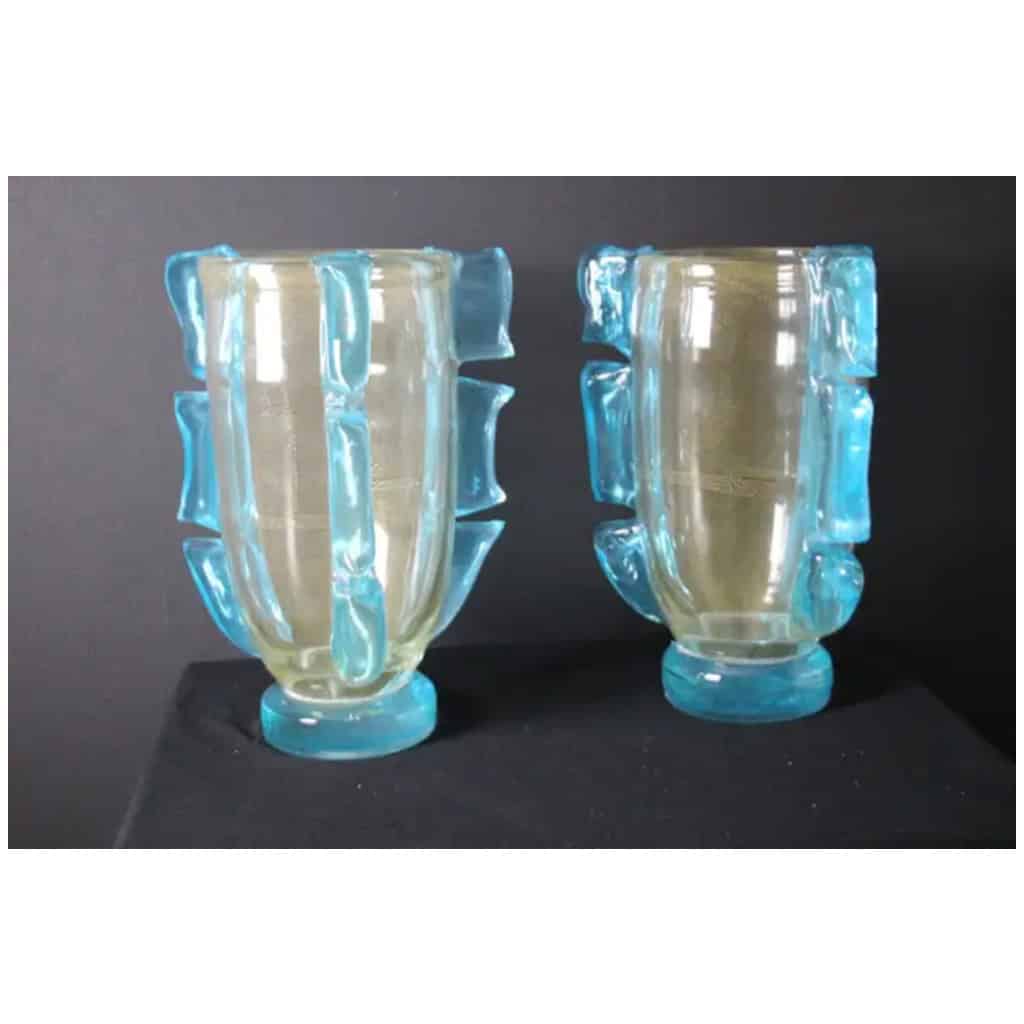 Paire de grands vases en verre de Murano doré et bleu turquoise par Costantini 6