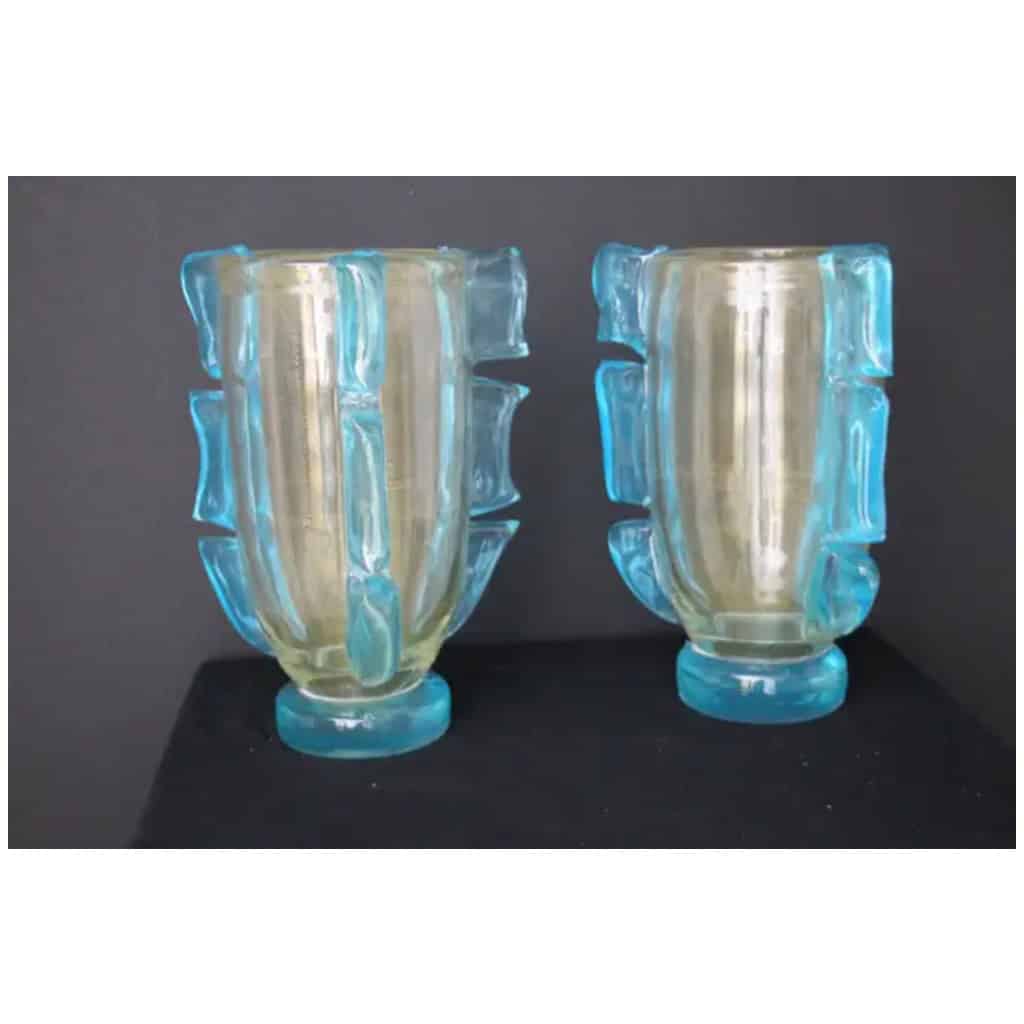Paire de grands vases en verre de Murano doré et bleu turquoise par Costantini 7