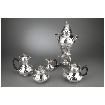 GOLDsmith BOIN TABURET – 4-PIECE TEA/COFFEE SERVICE IN STERLING SILVER AND ITS SAMOVAR IN SILVER METAL XIXÈ