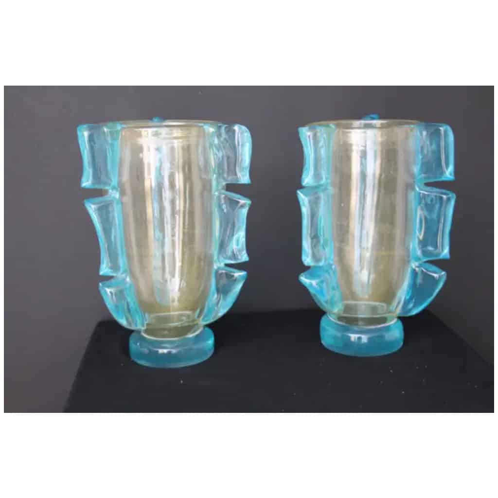 Paire de grands vases en verre de Murano doré et bleu turquoise par Costantini 8
