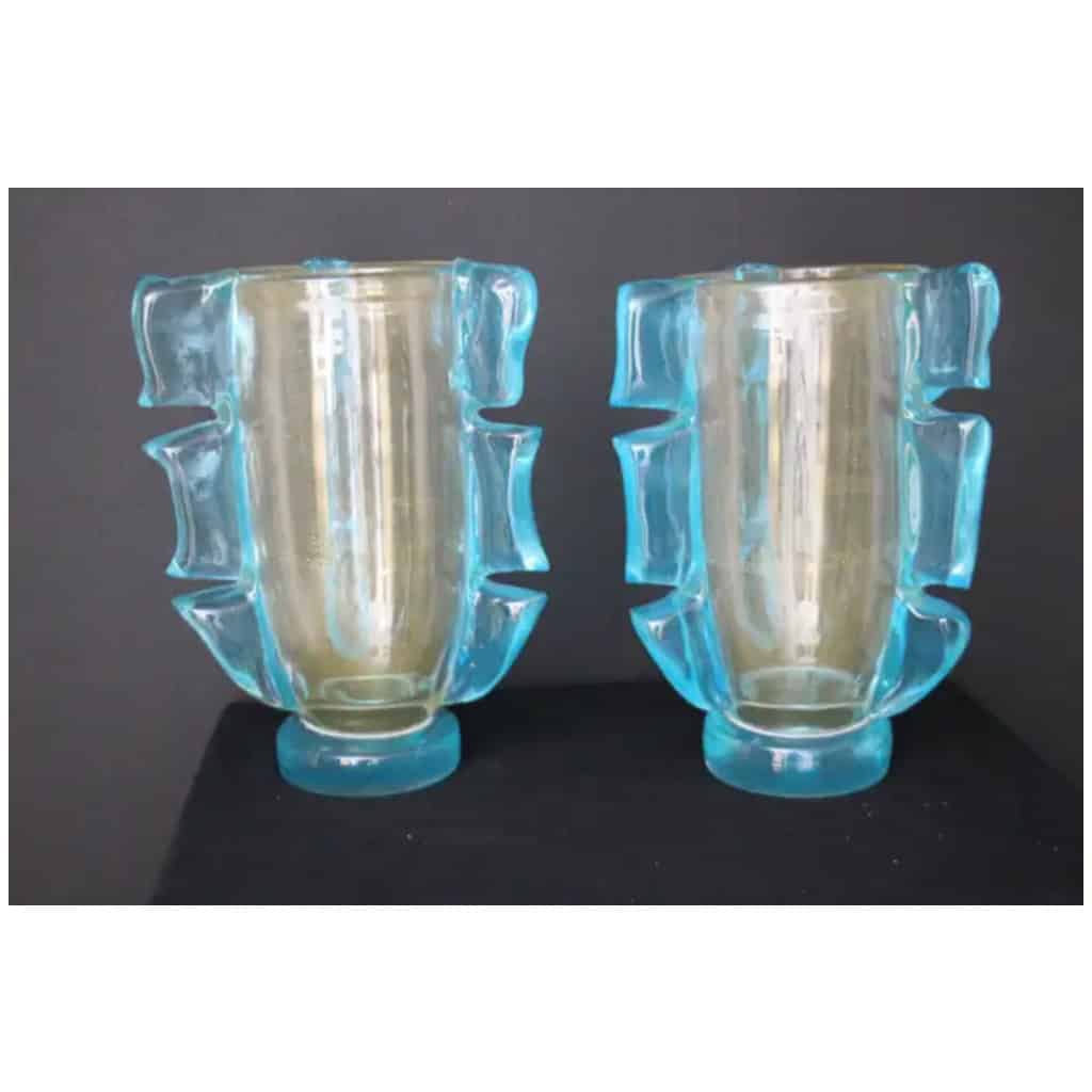 Pair of large gold and turquoise blue Murano glass vases by Costantini 9