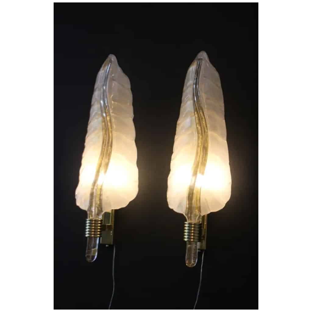 Pair of white and gold Murano glass sconces, in the shape of leaves 11