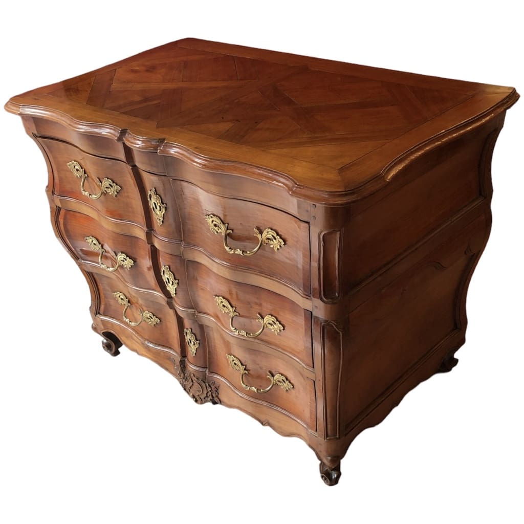 Commode Bordelaise Louis XV Arbalète 18è Siècle En Bois Fruitier Mouluré Et Sculpté 3 Tiroirs 6