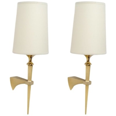 1950 Pair of Torchère wall lights in gilded bronze Maison Arlus 3