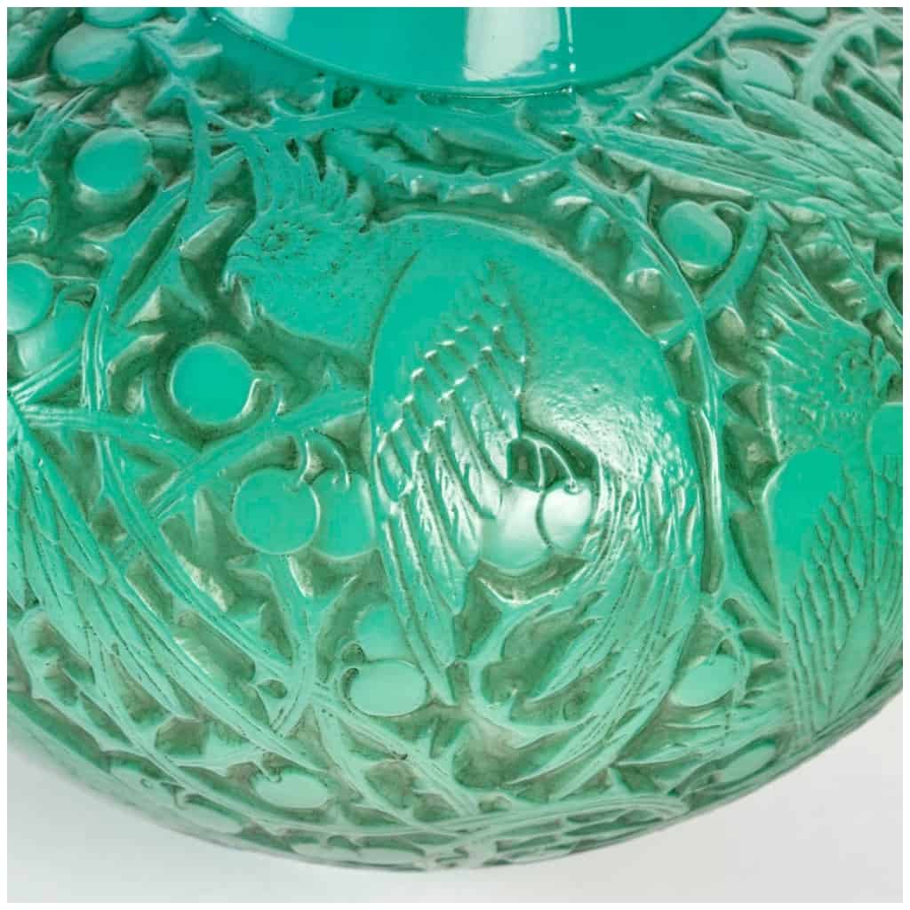 1924 René Lalique – Vase Aras Verre Vert Jade Patiné Gris 9