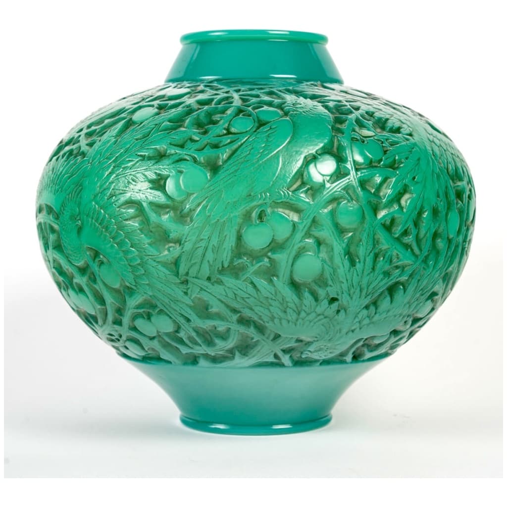 1924 René Lalique – Vase Aras Verre Vert Jade Patiné Gris 6