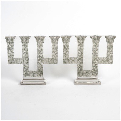 1924 René Lalique – Pair Of Candelabra Candlesticks Sorbier White Glass Patinated Gray Green