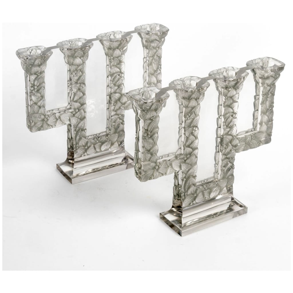 1924 René Lalique – Pair Of Candelabra Candlesticks Sorbier White Glass Patinated Gray Green 4