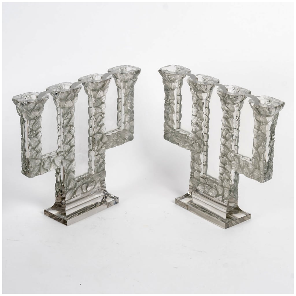 1924 René Lalique – Pair Of Candelabra Candlesticks Sorbier White Glass Patinated Gray Green 5