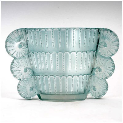 1937 René Lalique – Vase Jaffa Verre Blanc Patiné Turquoise